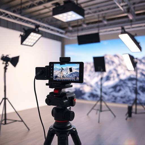 Equipo de producción ajustando la iluminación y los fondos virtuales en el estudio para una producción de realidad aumentada.