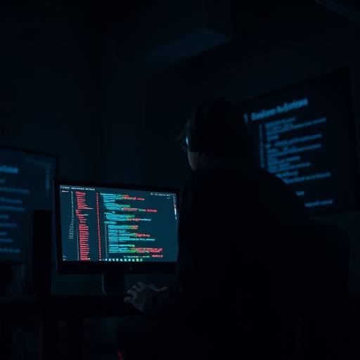 Imagen de un hacker frente a una pantalla llena de código, para la serie 'Código Secreto'