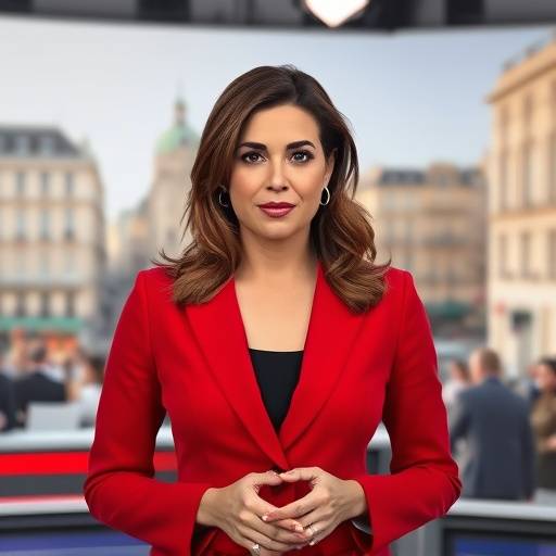 Presentadora de noticias, Ana María Serrano, anunciando la nueva serie 'Madrid Secreto' en el set.