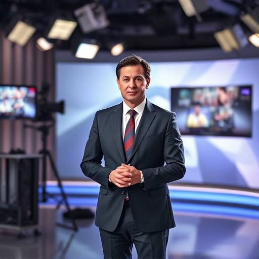 Presentadora de noticias en el set, lista para la transmisión en vivo