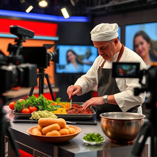 Vista general del set de grabación del programa 'Sabores de España', con mültiples cámaras y el chef protagonista preparando un plato.
